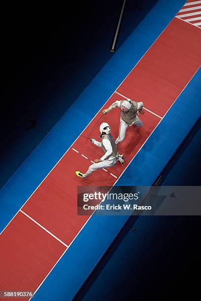 Summer Olympics: Aerial view of USA Alexander Massialasin action vs Great Britain Richard Kruse during Men's Foil Semifinal at Carioca Arena 3. Rio...