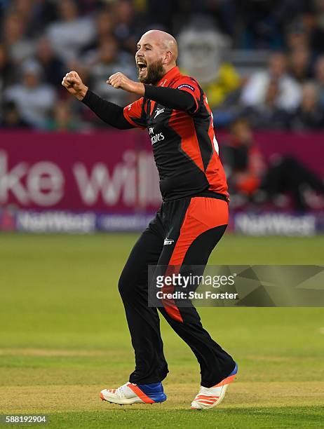 Jets bowler Chris Rushworth celebrates after having Gloucestershire batsman Michael Klinger caught by Jets wicketkeeper Michael Richardson during the...