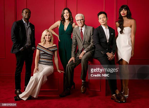 NBCUniversal Press Tour Portraits, AUGUST 02, 2016: Actors William Jackson Harper, Kristen Bell, D'Arcy Carden, Ted Danson, Manny Jacinto, and...