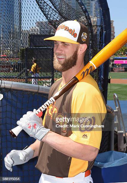 National League All-Star Bryce Harper of the Washington Nationals looks on and smiles during the Gatorade All-Star Workout Day at PETCO Park on July...