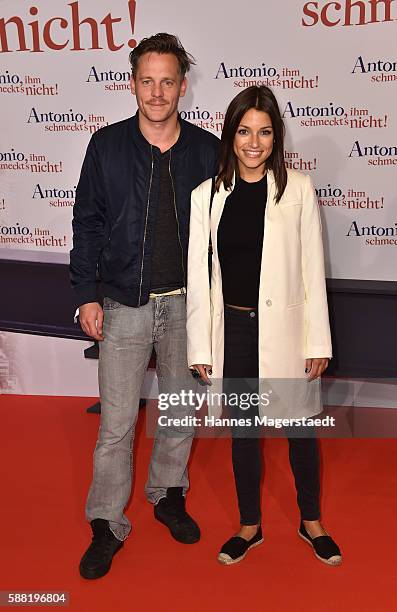 Johannes Zirner and Anna Julia Kapfelsperger attend the premiere of the film 'Antonio, ihm schmeckt's nicht' at Mathaeser Filmpalast on August 10,...