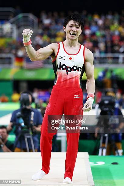 Kohei Uchimura of Japan celebrates after competing on the rings during the Men's Individual All-Around final on Day 5 of the Rio 2016 Olympic Games...