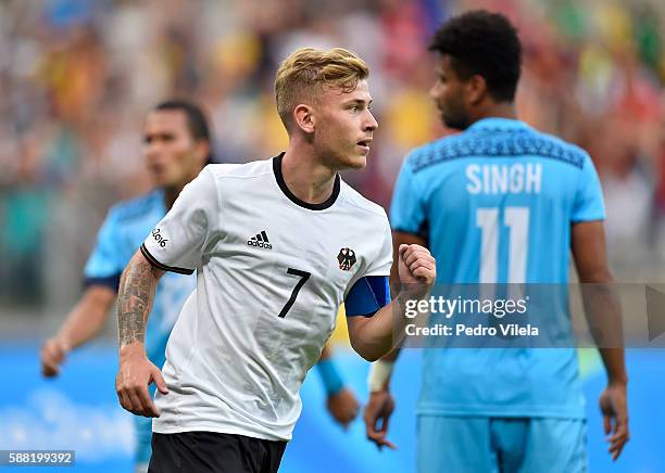 Maximilian Meyer of Germany celebrates after scoring the Men's First Round Football Group C match between Germany and Fiji at Mineirao Stadium on...