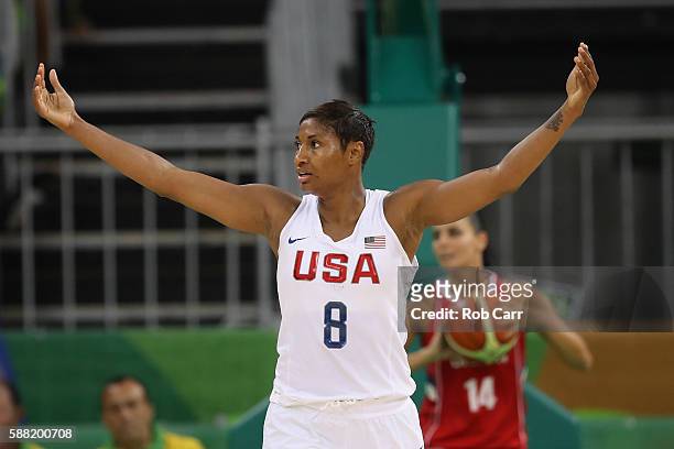 Angel Mccoughtry of United States celebrates after scoring against Serbia in the Women's Basketball Preliminary Round Group B match between China and...