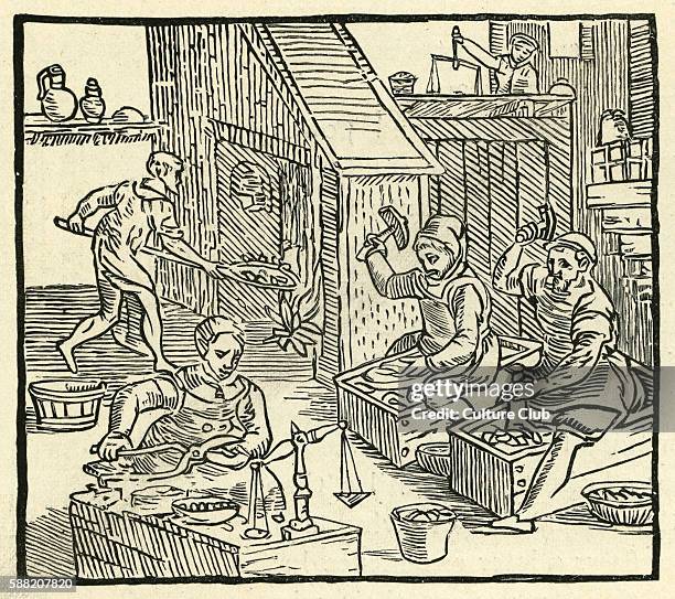 Renaissance coiners at work during the reign of Elizabeth I . Illustration taken from Holinsheds Chronicles of England, Scotland and Ireland, first...