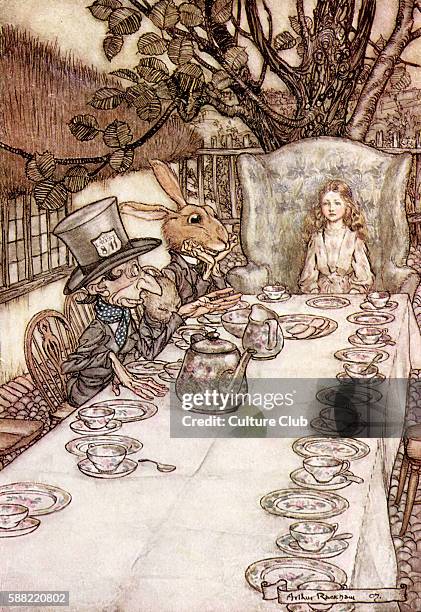 Alice s Adventures in Wonderland by Lewis Carroll . Caption reads:The Mad Hatters Tea Party . Illustration by Arthur Rackham. . LC: English childrens...