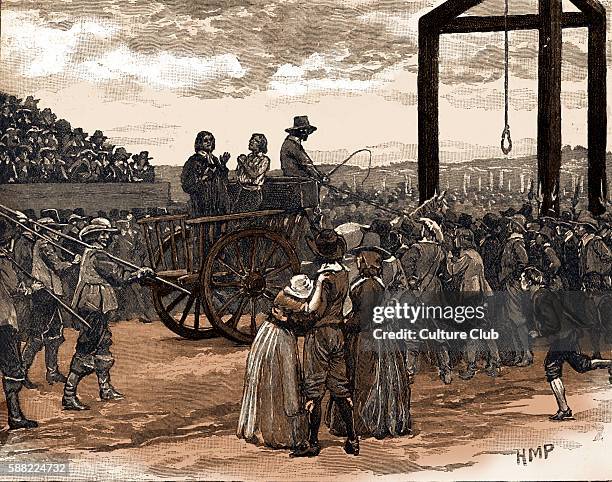 Tyburn during the reign of King Charles I. Site near Marble Arch, London, notorious for its gallows which could be used for mass hangings. Shows...