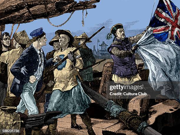 Chinese officials pulling down British flag on ship the Arrow. On 8 October 1856, Qing officials boared Hong Kong - registered Arrow and arrested...