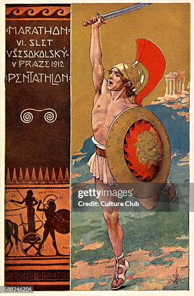 The first All-Slavic Slet in Prague, Czechoslovakia. VI Slet. Ancient Greek reference to original Olympics.