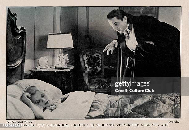 Dracula - 1931 film. Bela Lugosi as Count Dracula and Frances Dade as Lucy. Caption: Entering Lucys bedroom, Dracula is about to attack the sleeping...