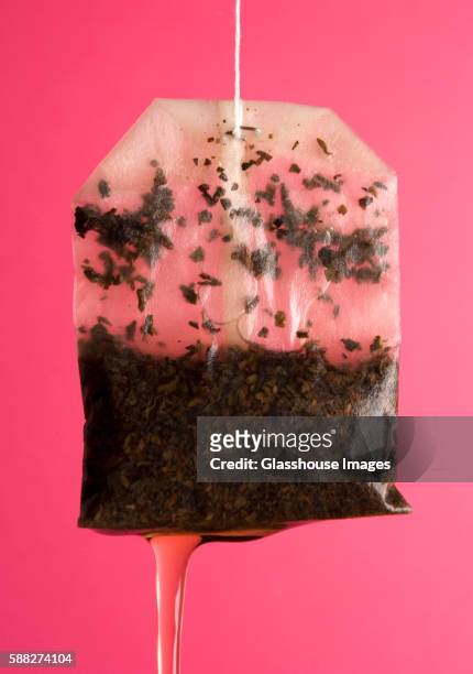 dripping tea bag on pink - sachet de thé photos et images de collection