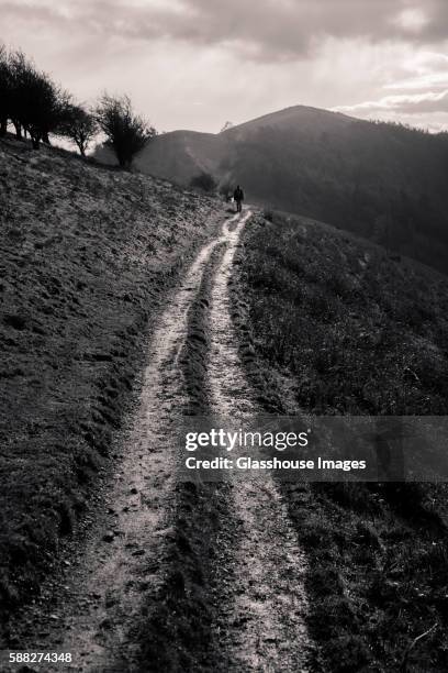man walking along hillside path - gloucestershire stock pictures, royalty-free photos & images