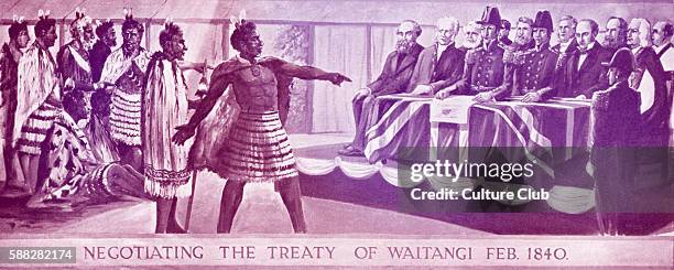 Negotiating the Treaty of Waitangi between the Maori tribe and British government, February 1840 New Zealand.