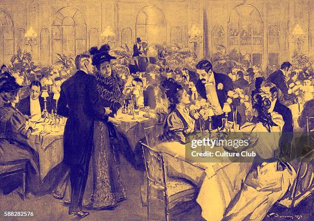 Members of high society at the Waldorf Hotel, 1896. The dining room has been specially decorated for Horse Show Week. Caption reads: After the Horse...