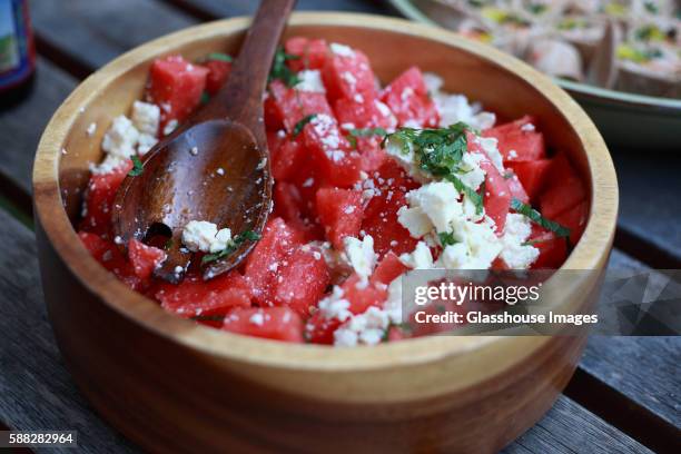 watermelon and feta salad - feta stock-fotos und bilder