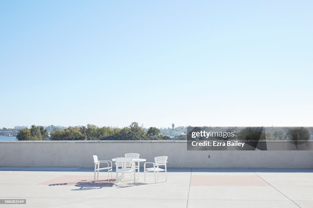 Empty chairs and table in the city.