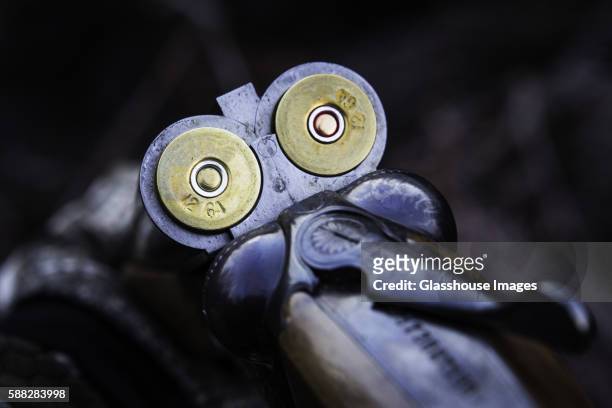 bullet shells in double barrel shotgun - shotgun stock pictures, royalty-free photos & images