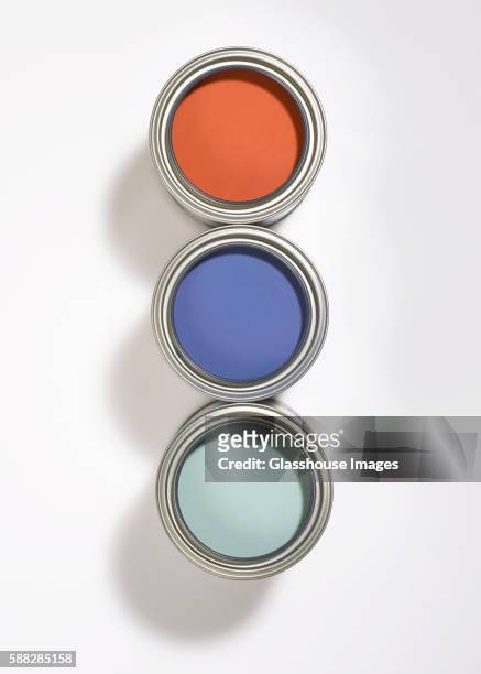 three open paint cans, high angle view - open round three stock pictures, royalty-free photos & images