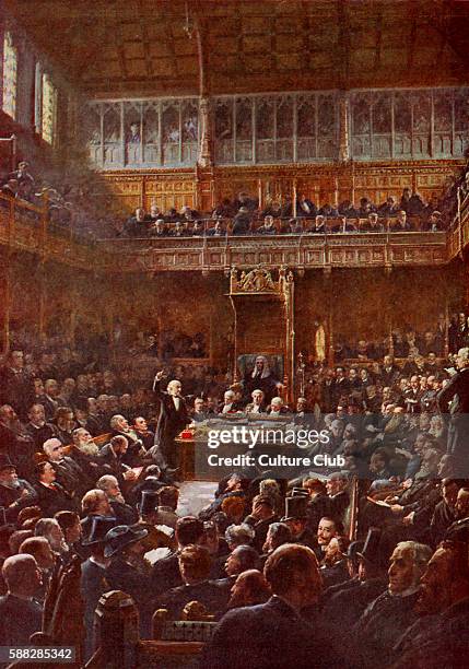 Prime minister William Ewart Gladstone introdcuing the second home rule bill in the House of Commons, 13 Feb 1893. From a painting by R Ponsonby...