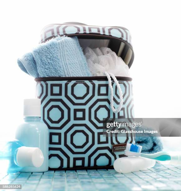 bathroom supplies and fashionable bag - toiletries stock pictures, royalty-free photos & images