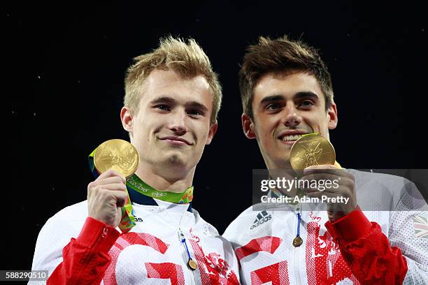 Gold medalists Jack Laugher and Chris Mears of Great Britain pose during the medal ceremony for the Men's Diving Synchronised 3m Springboard Final on...