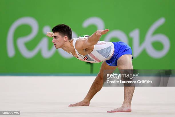 Max Whitlock of Great Britain competes on the floor during the Men's Individual All-Around final on Day 5 of the Rio 2016 Olympic Games at the Rio...