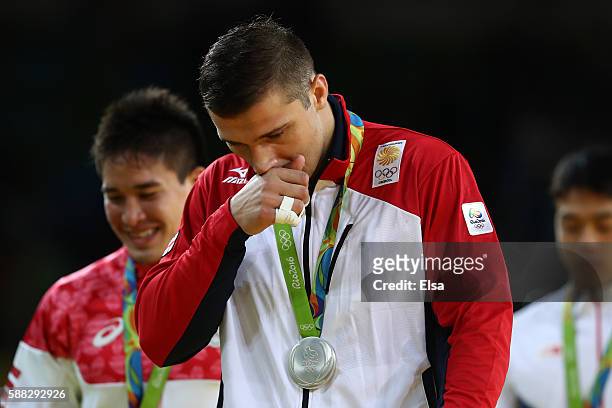Silver medalist Varlam Liparteliani of Georgia looks on during the medal ceremony for the Men's -90kg Judo on Day 5 of the Rio 2016 Olympic Games at...