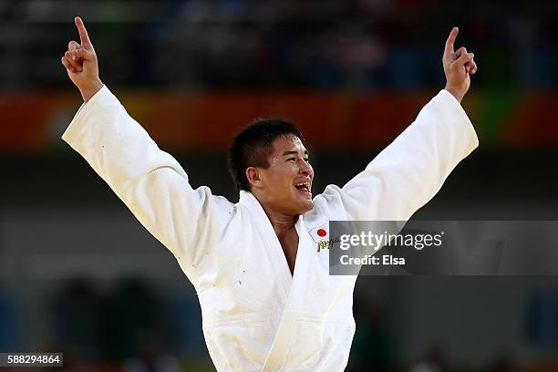 Mashu Baker of Japan celebrates after defeating Varlam Liparteliani of Georgia in the Men's -90kg Gold Medal bout on Day 5 of the Rio 2016 Olympic...