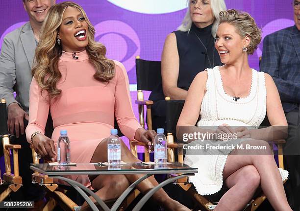 Actors Laverne Cox and Katherine Heigl speak onstage at the 'Doubt' panel discussion during the CBS portion of the 2016 Television Critics...