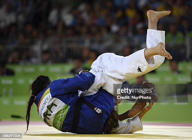 Tina Trestenjak of Slovenia competes during the final of women's 63KG judo between Tina Trestenjak of Slovenia and Clarisse Agbegnenou of France at...