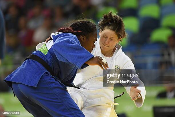 Tina Trestenjak of Slovenia competes during the final of women's 63KG judo between Tina Trestenjak of Slovenia and Clarisse Agbegnenou of France at...