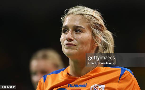 Estavana Polman of Netherlands smiles during the Womens Preliminary Group A match between Norway and Angola at Future Arena on August 10, 2016 in Rio...