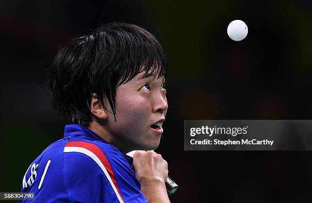 Rio , Brazil - 10 August 2016; Song I Kim of the Democratic People's Republic of Korea competes in the Women's Single's Bronze Medal Match between...