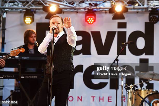 David Brent & Foregone Conclusion perform during the World premiere of "David Brent: Life on the Road" at Odeon Leicester Square on August 10, 2016...