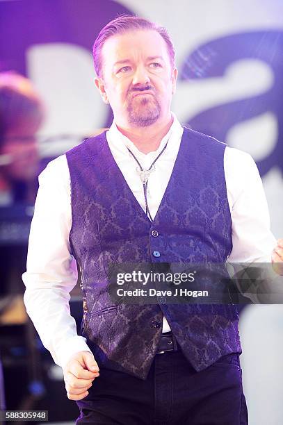 David Brent & Foregone Conclusion perform during the World premiere of "David Brent: Life on the Road" at Odeon Leicester Square on August 10, 2016...