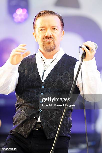 David Brent & Foregone Conclusion perform during the World premiere of "David Brent: Life on the Road" at Odeon Leicester Square on August 10, 2016...