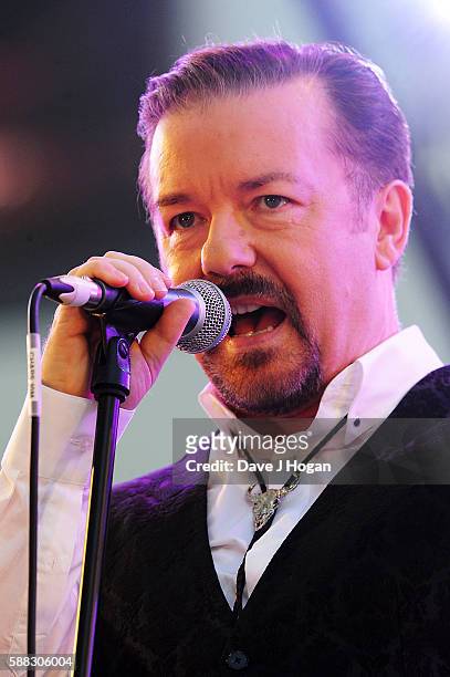 David Brent & Foregone Conclusion perform during the World premiere of "David Brent: Life on the Road" at Odeon Leicester Square on August 10, 2016...