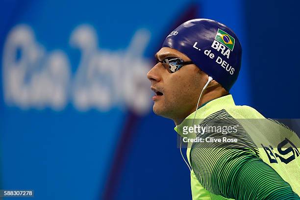 Leonardo de Deus of Brazil looks on in the first Semifinal of the Men's 200m Backstrokeon Day 5 of the Rio 2016 Olympic Games at the Olympic Aquatics...
