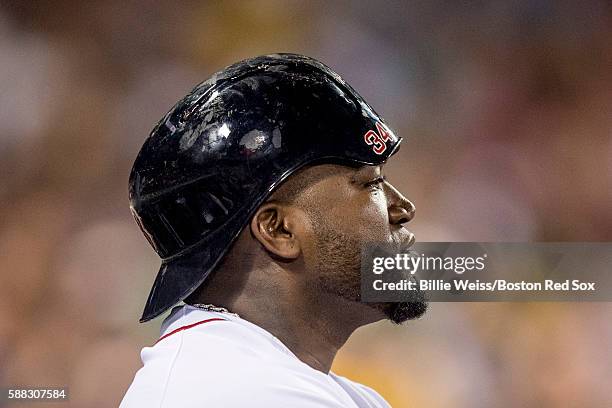 David Ortiz of the Boston Red Sox wears his helmet backwards during the sixth inning of a game against the New York Yankees on August 10, 2016 at...