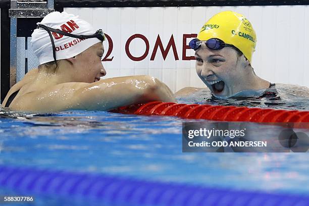 Australia's Cate Campbell and Canada's Penny Oleksiak laugh after competing in the Women's 100m Freestyle Semifinal during the swimming event at the...