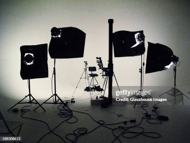 camera and video equipment on set - tripod lamp stock pictures, royalty-free photos & images