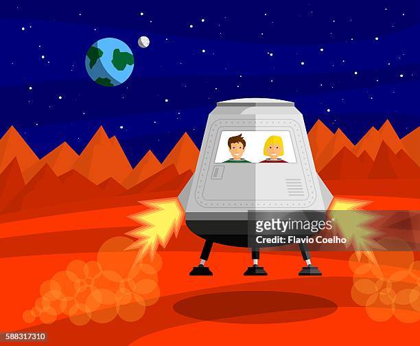 ilustraciones, imágenes clip art, dibujos animados e iconos de stock de astronauts landing on mars - nave espacial