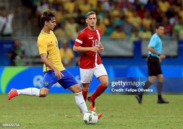 Rodrigo Caio of Brazil in action during the match Brazil v Denmark on Day 5 of the Rio 2016 Olympic Games at Arena Fonte Nova on August 10, 2016 in...