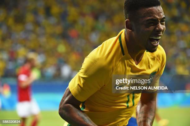 Gabriel Jesus of Brazil celebrates his goal against Denmark during the Rio 2016 Olympic Games mens first round Group A football match Brazil vs...