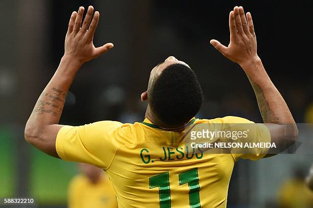 Gabriel Jesus of Brazil celebrates his goal against Denmark during the Rio 2016 Olympic Games mens first round Group A football match Brazil vs...