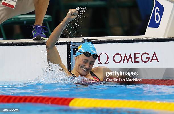 Mireia Garcia Belmonte of Spain celebrates winning the Women's 200m Butterfly on Day 5 of the Rio 2016 Olympic Games at the Olympic Aquatics Stadium...