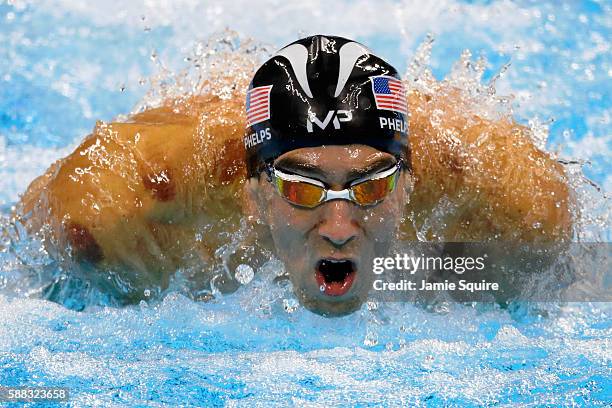 Michael Phelps of the United States competes in the second Semifinal of the Men's 200m Individual Medley on Day 5 of the Rio 2016 Olympic Games at...