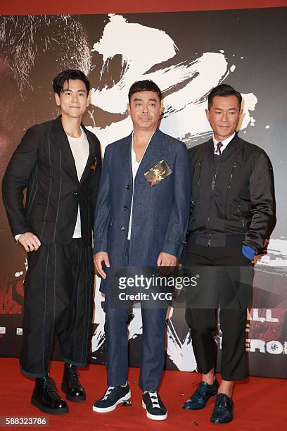 Actor Eddie Peng, actor Sean Lau and actor Louis Koo attend the premiere of director Benny Chan Muk-Sing's film "Call of Heroes" on August 10, 2016...