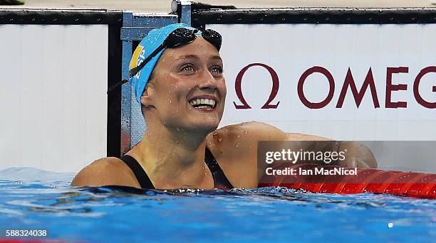 Mireia Garcia Belmonte of Spain celebrates winning the Women's 200m Butterfly on Day 5 of the Rio 2016 Olympic Games at the Olympic Aquatics Stadium...