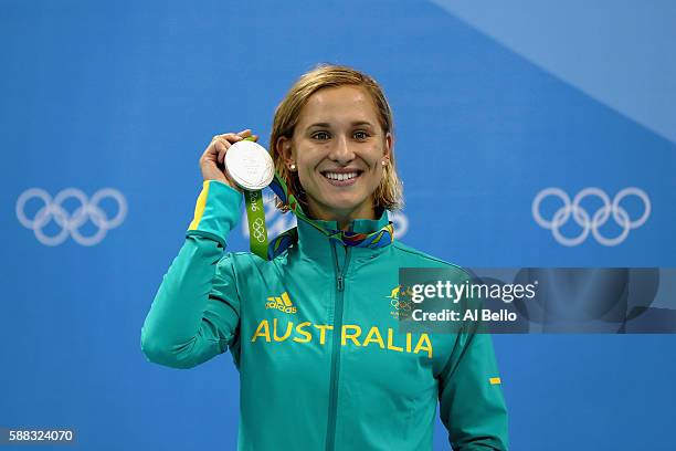 Silver medalist Madeline Groves of Australia poses on the podium during the medal ceremony for the Women's 200m Butterfly Final on Day 5 of the Rio...